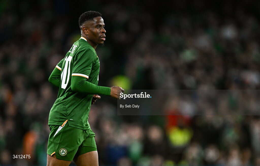 31 March 2026; Chiedozie Ogbene of Republic of Ireland during the international friendly match between Republic of Ireland and North Macedonia at the Aviva Stadium in Dublin. Photo by Seb Daly/Sportsfile
