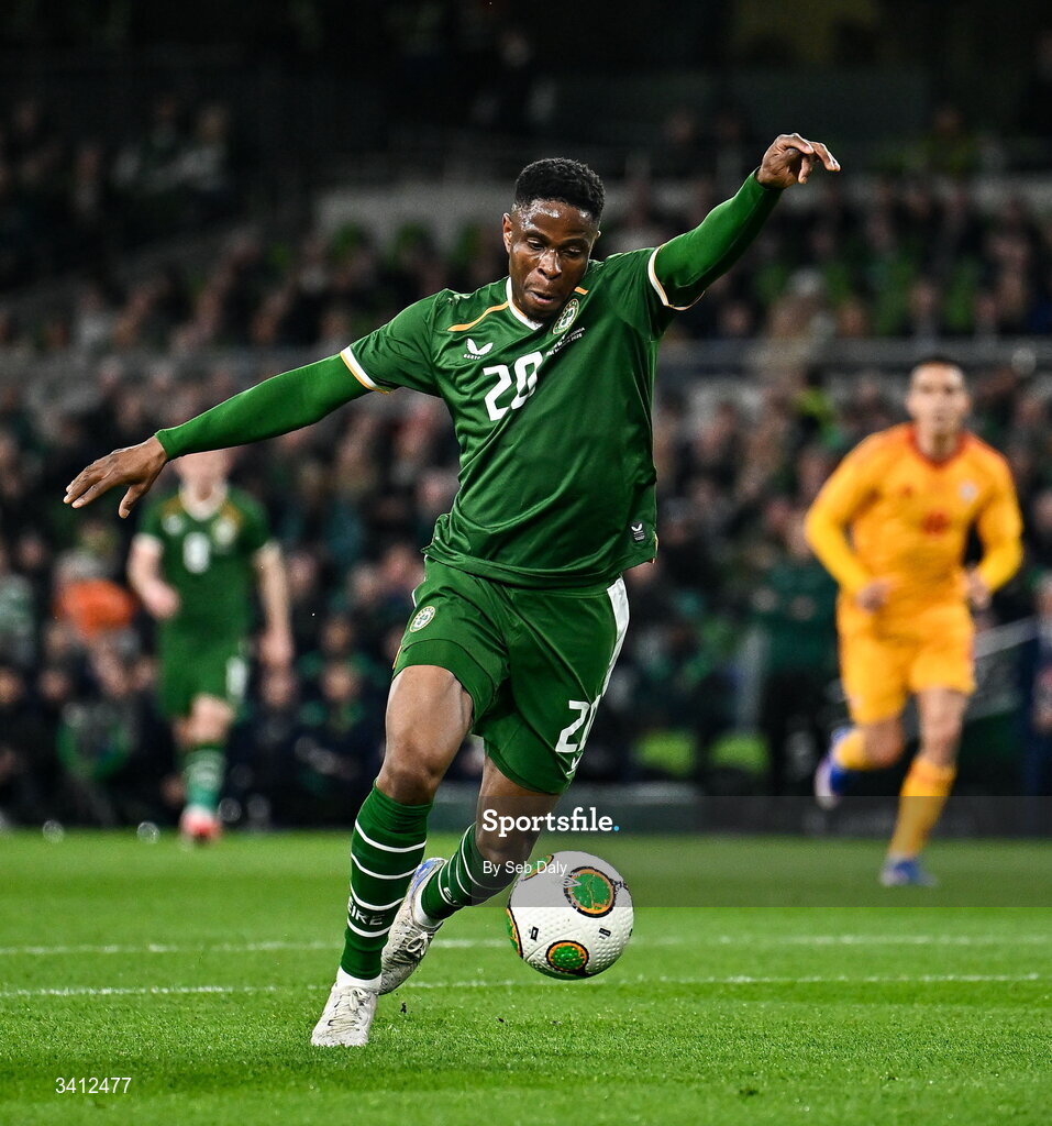 31 March 2026; Chiedozie Ogbene of Republic of Ireland during the international friendly match between Republic of Ireland and North Macedonia at the Aviva Stadium in Dublin. Photo by Seb Daly/Sportsfile