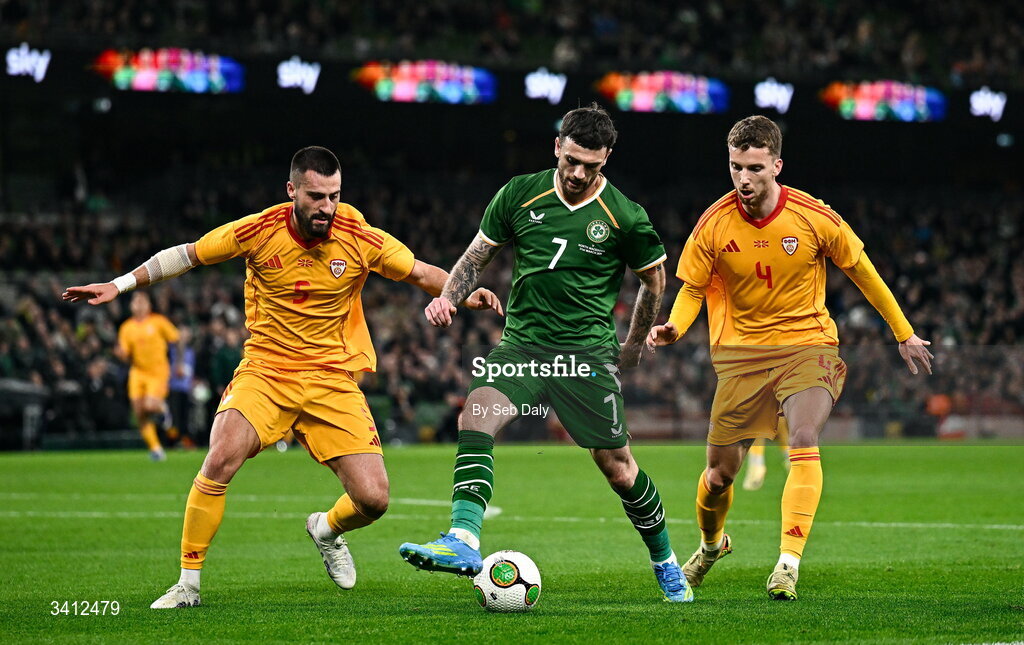 31 March 2026; Troy Parrott of Republic of Ireland in action against North Macedonia players Gjoko Zajkov, left, and Nikola Serafimov during the international friendly match between Republic of Ireland and North Macedonia at the Aviva Stadium in Dublin. Photo by Seb Daly/Sportsfile
