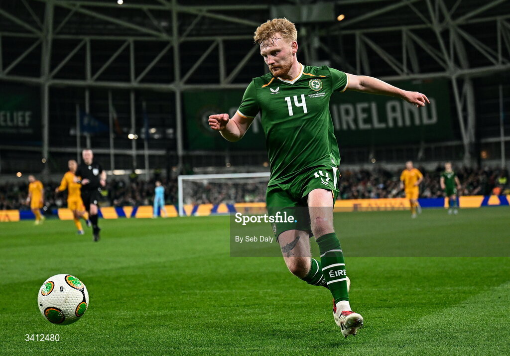 31 March 2026; Liam Scales of Republic of Ireland during the international friendly match between Republic of Ireland and North Macedonia at the Aviva Stadium in Dublin. Photo by Seb Daly/Sportsfile