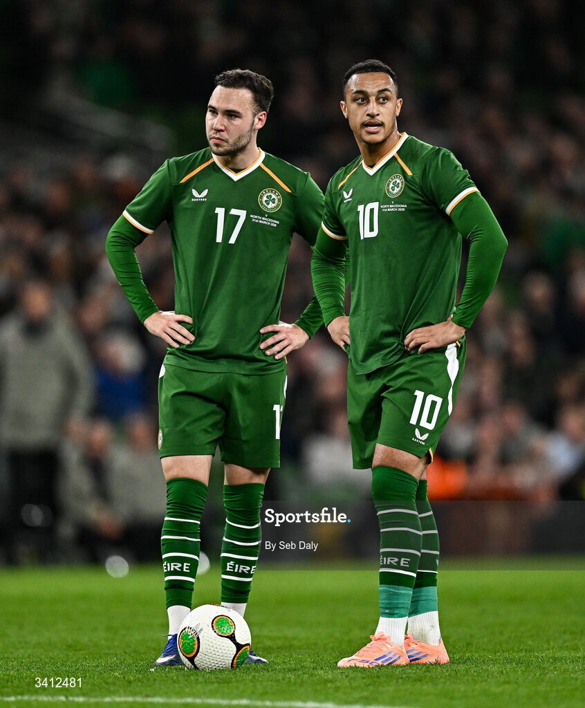 31 March 2026; Republic of Ireland players Harvey Vale, left, and Adam Idah during the international friendly match between Republic of Ireland and North Macedonia at the Aviva Stadium in Dublin. Photo by Seb Daly/Sportsfile