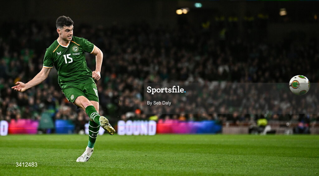31 March 2026; John Egan of Republic of Ireland during the international friendly match between Republic of Ireland and North Macedonia at the Aviva Stadium in Dublin. Photo by Seb Daly/Sportsfile
