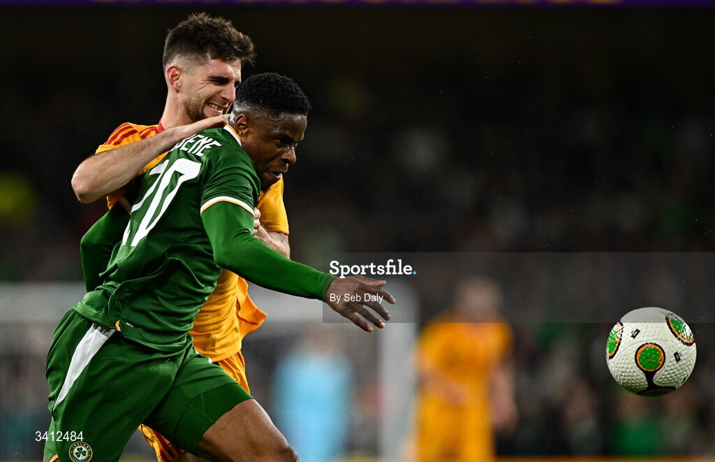 31 March 2026; Chiedozie Ogbene of Republic of Ireland in action against Imran Fetai of North Macedonia during the international friendly match between Republic of Ireland and North Macedonia at the Aviva Stadium in Dublin. Photo by Seb Daly/Sportsfile