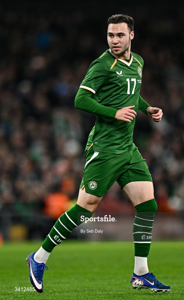 31 March 2026; Harvey Vale of Republic of Ireland during the international friendly match between Republic of Ireland and North Macedonia at the Aviva Stadium in Dublin. Photo by Seb Daly/Sportsfile