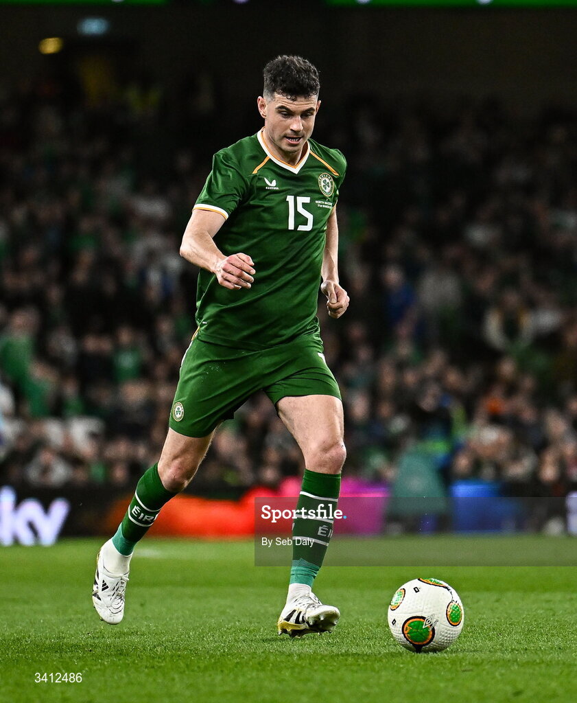 31 March 2026; John Egan of Republic of Ireland during the international friendly match between Republic of Ireland and North Macedonia at the Aviva Stadium in Dublin. Photo by Seb Daly/Sportsfile