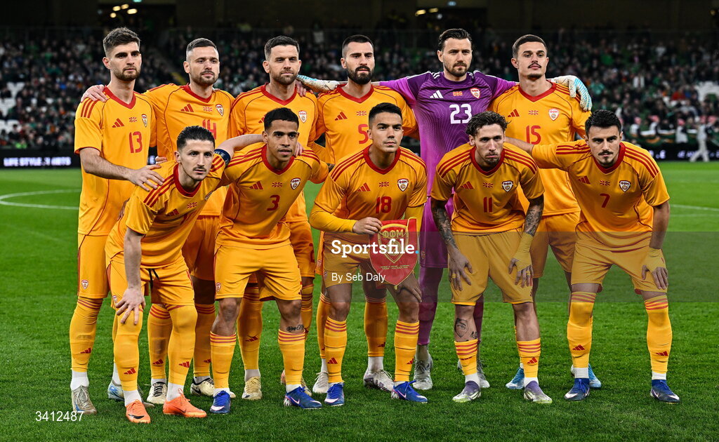31 March 2026; The North Macedonia team, back row, from left, Imran Fetai, Darko Velkovski, Isnik Alimi, Gjoko Zajkov, goalkeeper Stole Dimitrievski, and Elmin Rastoder, front row, from left, Enis Bardhi, Sebastijan Herera, Tihomir Kostadinov, Darko Churlinov, and Eljif Elmas, before the international friendly match between Republic of Ireland and North Macedonia at the Aviva Stadium in Dublin. Photo by Seb Daly/Sportsfile