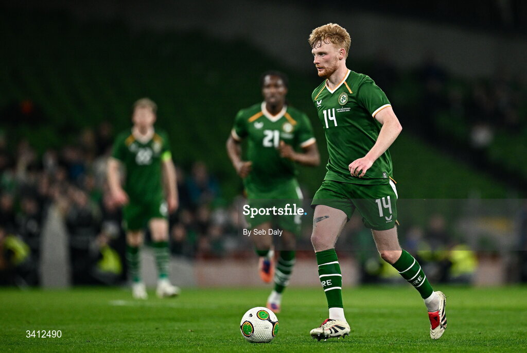 31 March 2026; Liam Scales of Republic of Ireland during the international friendly match between Republic of Ireland and North Macedonia at the Aviva Stadium in Dublin. Photo by Seb Daly/Sportsfile