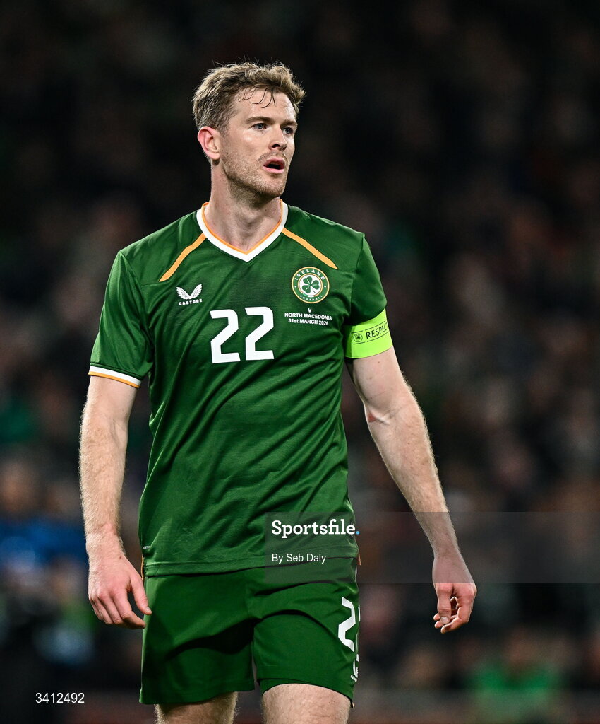 31 March 2026; Nathan Collins of Republic of Ireland during the international friendly match between Republic of Ireland and North Macedonia at the Aviva Stadium in Dublin. Photo by Seb Daly/Sportsfile