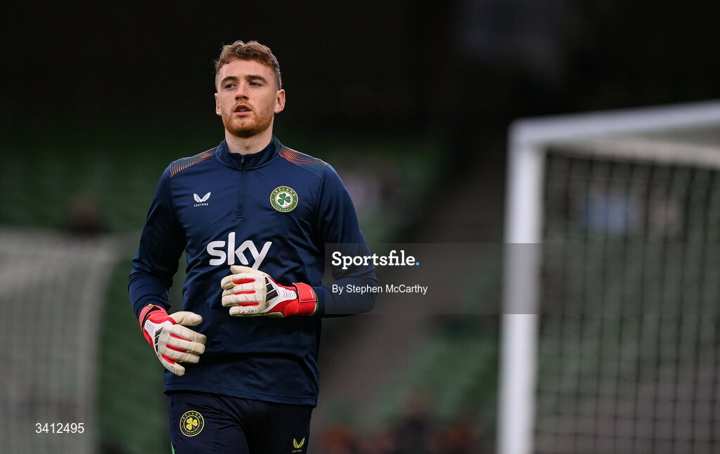 31 March 2026; Republic of Ireland goalkeeper Mark Travers before the international friendly match between Republic of Ireland and North Macedonia at Aviva Stadium in Dublin. Photo by Stephen McCarthy/Sportsfile