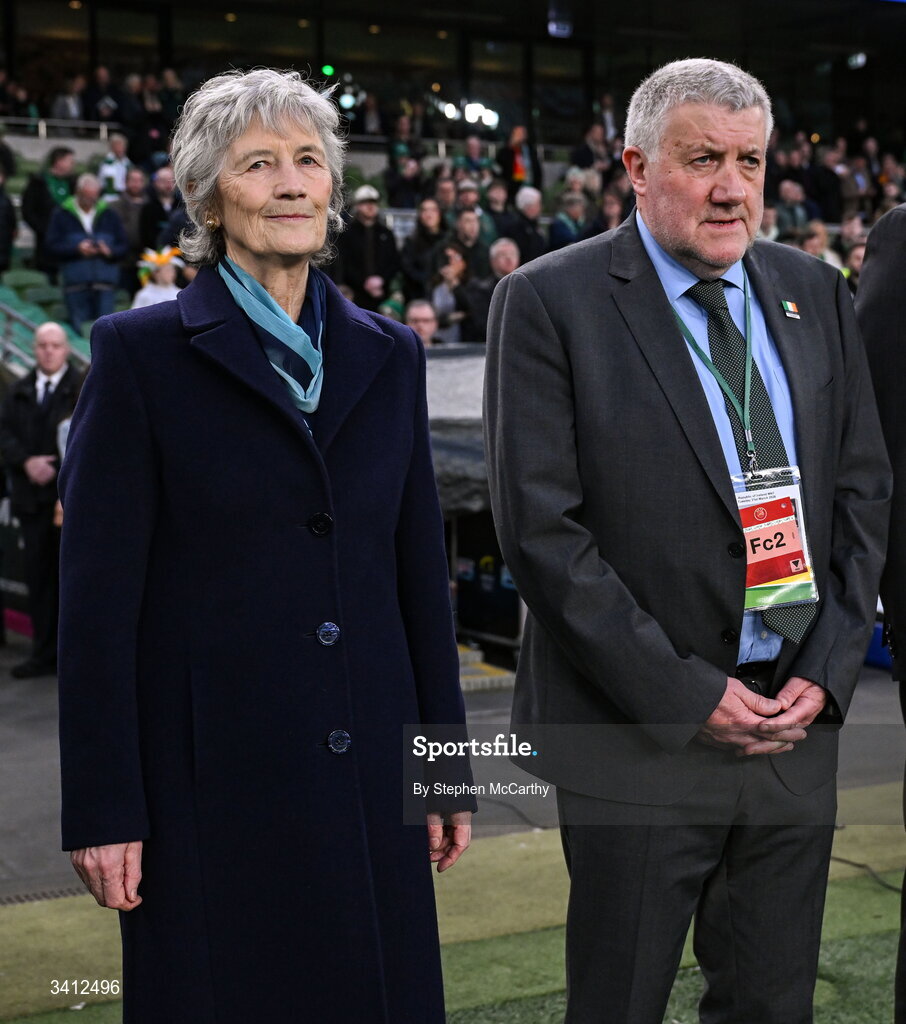 31 March 2026; President of Ireland Catherine Connolly with FAI President Paul Cooke before the international friendly match between Republic of Ireland and North Macedonia at Aviva Stadium in Dublin. Photo by Stephen McCarthy/Sportsfile
