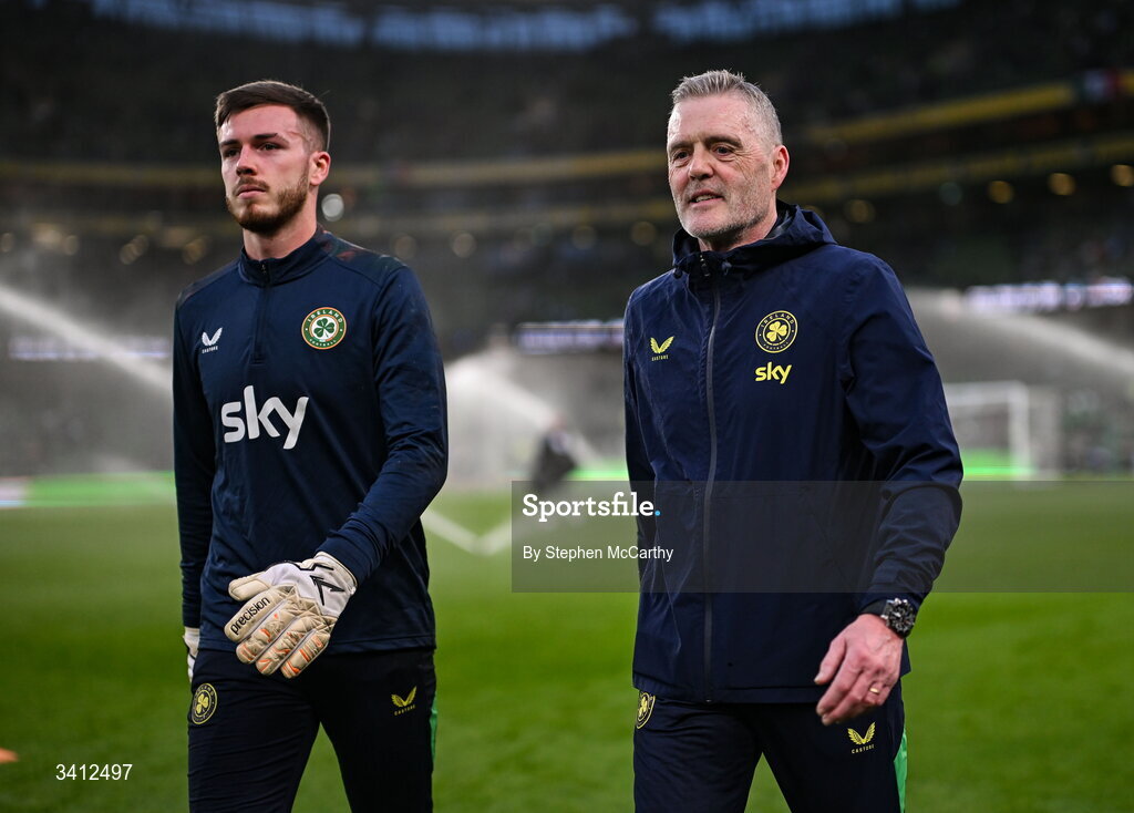 31 March 2026; Republic of Ireland goalkeeping coach Gudmundur Hreidarsson and goalkeeper Josh Keeley before the international friendly match between Republic of Ireland and North Macedonia at Aviva Stadium in Dublin. Photo by Stephen McCarthy/Sportsfile