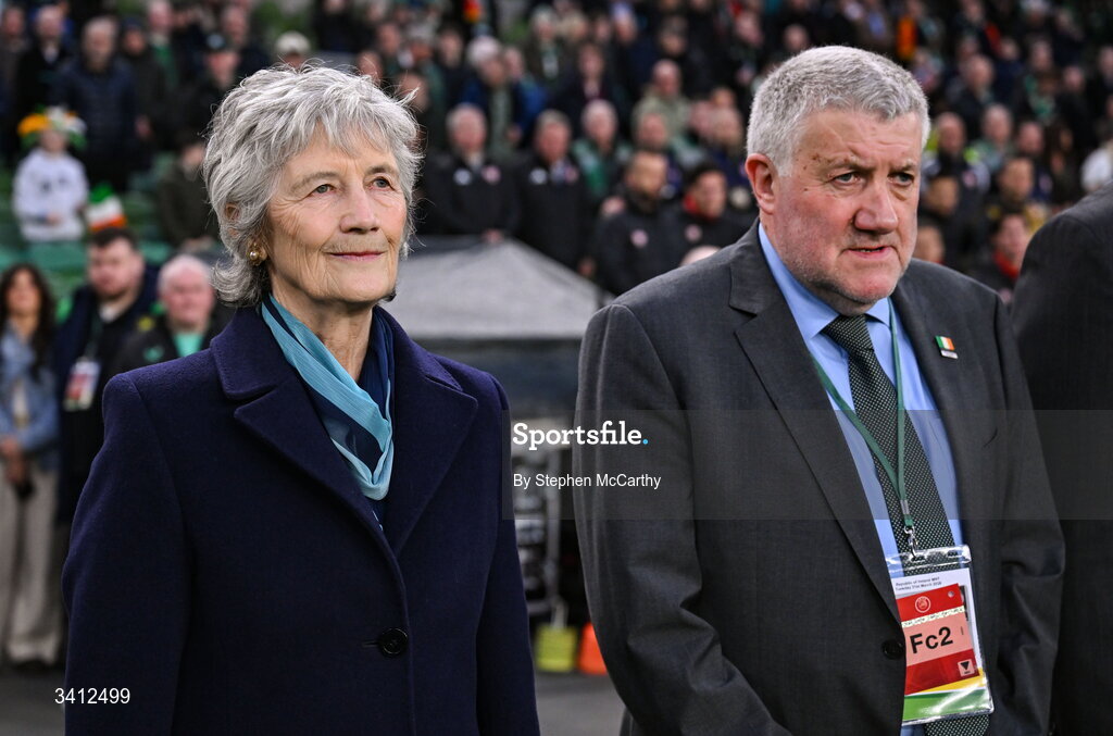31 March 2026; President of Ireland Catherine Connolly with FAI President Paul Cooke before the international friendly match between Republic of Ireland and North Macedonia at Aviva Stadium in Dublin. Photo by Stephen McCarthy/Sportsfile