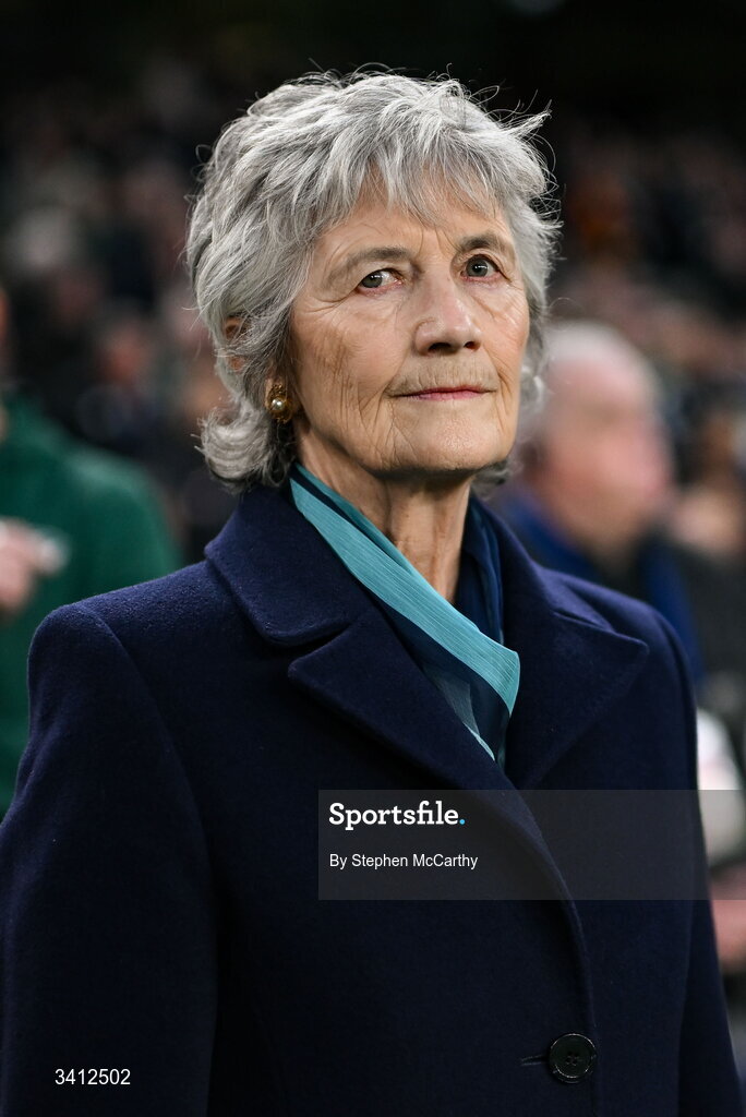 31 March 2026; President of Ireland Catherine Connolly before the international friendly match between Republic of Ireland and North Macedonia at Aviva Stadium in Dublin. Photo by Stephen McCarthy/Sportsfile