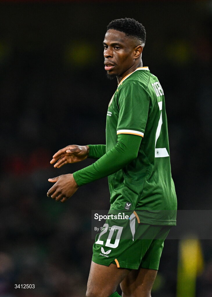31 March 2026; Chiedozie Ogbene of Republic of Ireland during the international friendly match between Republic of Ireland and North Macedonia at the Aviva Stadium in Dublin. Photo by Seb Daly/Sportsfile