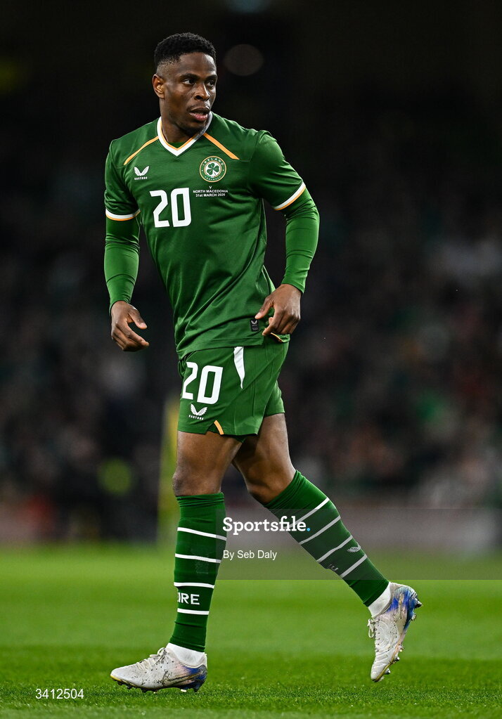 31 March 2026; Chiedozie Ogbene of Republic of Ireland during the international friendly match between Republic of Ireland and North Macedonia at the Aviva Stadium in Dublin. Photo by Seb Daly/Sportsfile