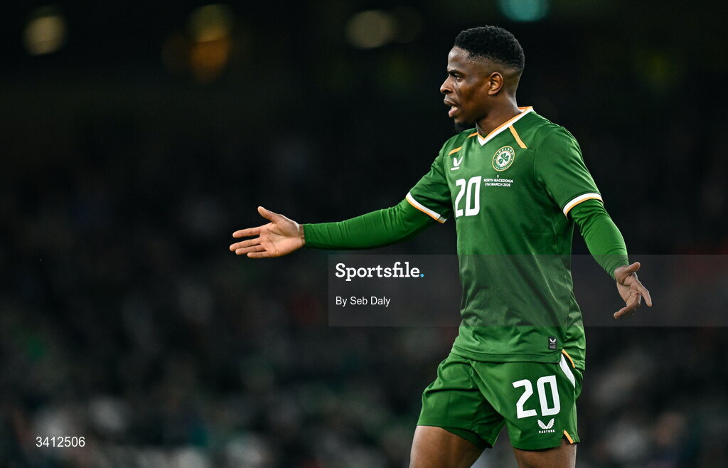 31 March 2026; Chiedozie Ogbene of Republic of Ireland during the international friendly match between Republic of Ireland and North Macedonia at the Aviva Stadium in Dublin. Photo by Seb Daly/Sportsfile
