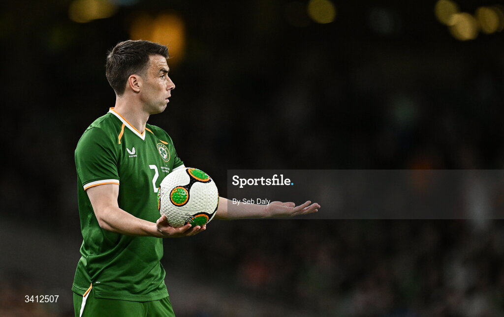 31 March 2026; Seamus Coleman of Republic of Ireland during the international friendly match between Republic of Ireland and North Macedonia at the Aviva Stadium in Dublin. Photo by Seb Daly/Sportsfile