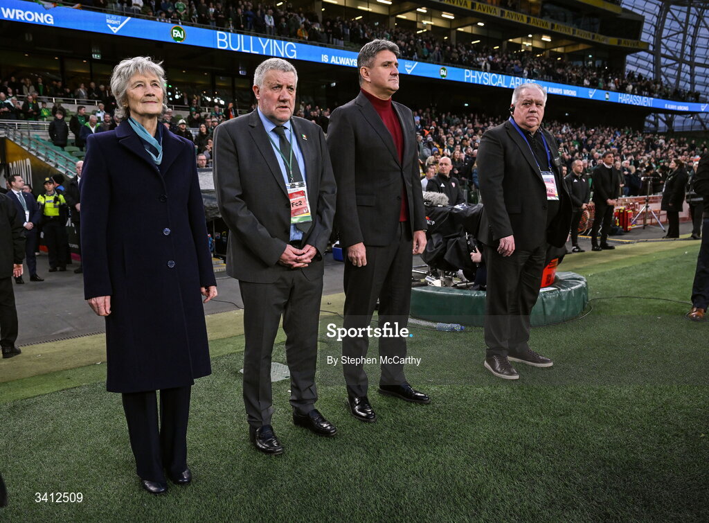 31 March 2026; President of Ireland Catherine Connolly with FAI President Paul Cooke and President of Football Federation of Macedonia Masar Omeragic, right, before the international friendly match between Republic of Ireland and North Macedonia at Aviva Stadium in Dublin. Photo by Stephen McCarthy/Sportsfile