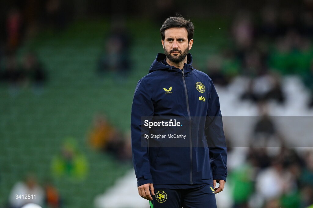 31 March 2026; Republic of Ireland strength and conditioning coach Pepe Lázaro Ramírez before the international friendly match between Republic of Ireland and North Macedonia at Aviva Stadium in Dublin. Photo by Stephen McCarthy/Sportsfile