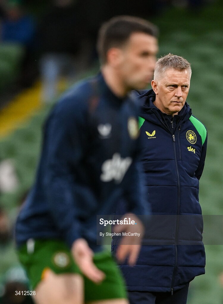 31 March 2026; Republic of Ireland head coach Heimir Hallgrimsson and Seamus Coleman, left, before the international friendly match between Republic of Ireland and North Macedonia at Aviva Stadium in Dublin. Photo by Stephen McCarthy/Sportsfile
