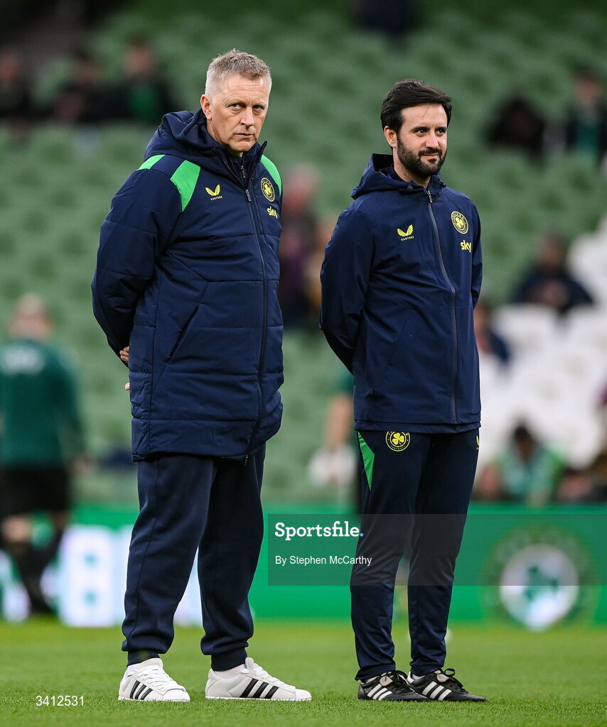 31 March 2026; Republic of Ireland head coach Heimir Hallgrimsson and strength and conditioning coach Pepe Lázaro Ramírez, right, before the international friendly match between Republic of Ireland and North Macedonia at Aviva Stadium in Dublin. Photo by Stephen McCarthy/Sportsfile
