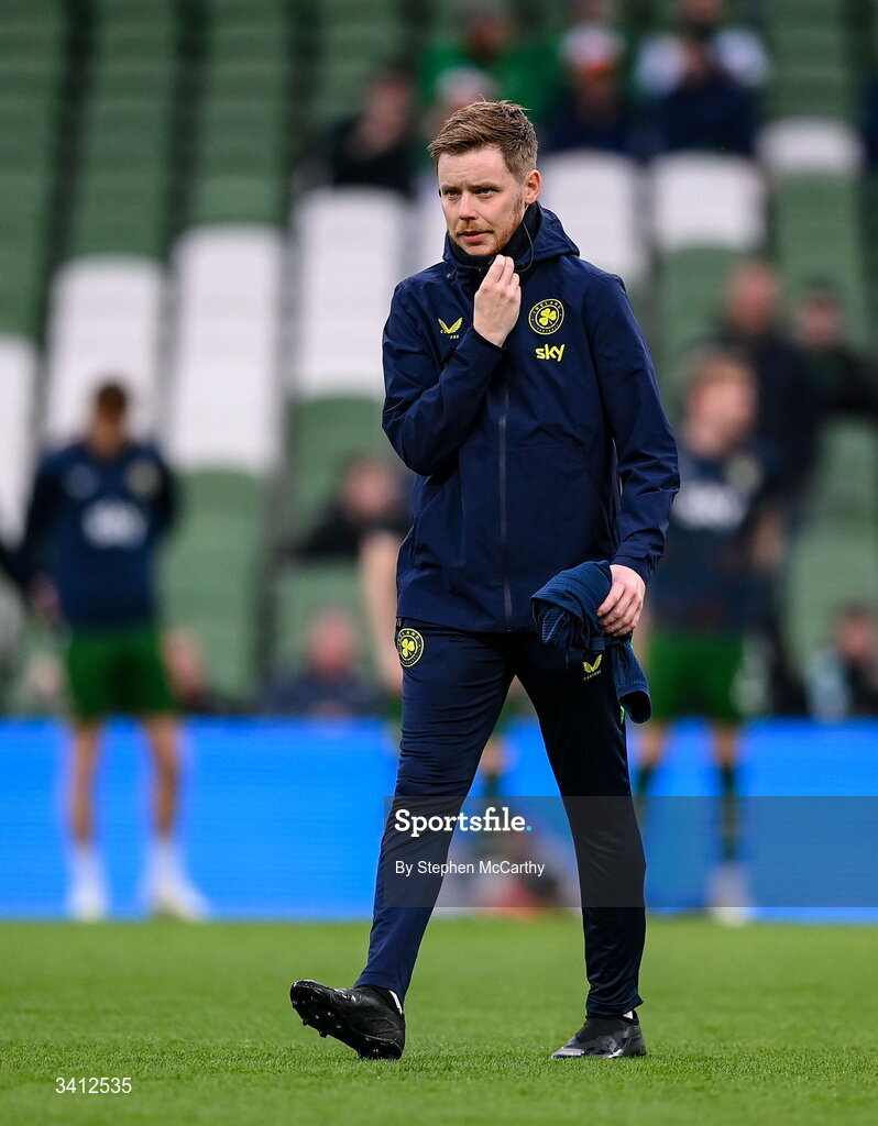 31 March 2026; Republic of Ireland athletic therapist Sam Rice before the international friendly match between Republic of Ireland and North Macedonia at Aviva Stadium in Dublin. Photo by Stephen McCarthy/Sportsfile