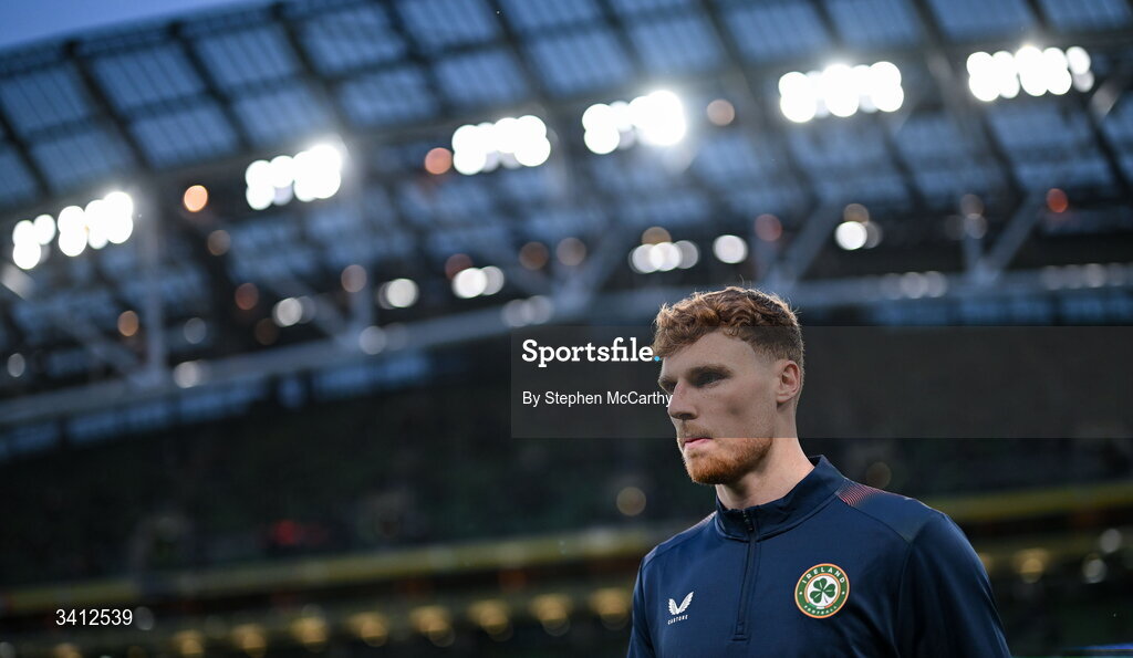 31 March 2026; Jake O'Brien of Republic of Ireland before the international friendly match between Republic of Ireland and North Macedonia at Aviva Stadium in Dublin. Photo by Stephen McCarthy/Sportsfile