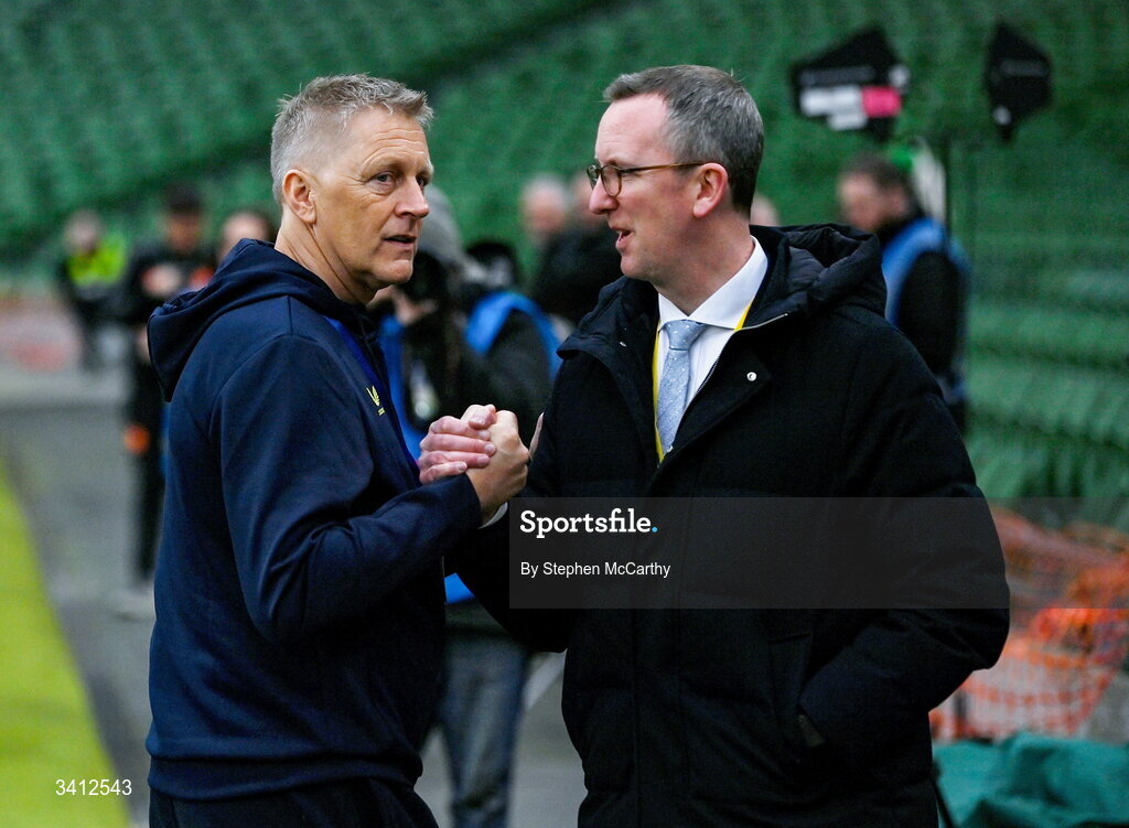 31 March 2026; Republic of Ireland head coach Heimir Hallgrimsson and FAI chief executive officer David Courell, right, before the international friendly match between Republic of Ireland and North Macedonia at Aviva Stadium in Dublin. Photo by Stephen McCarthy/Sportsfile