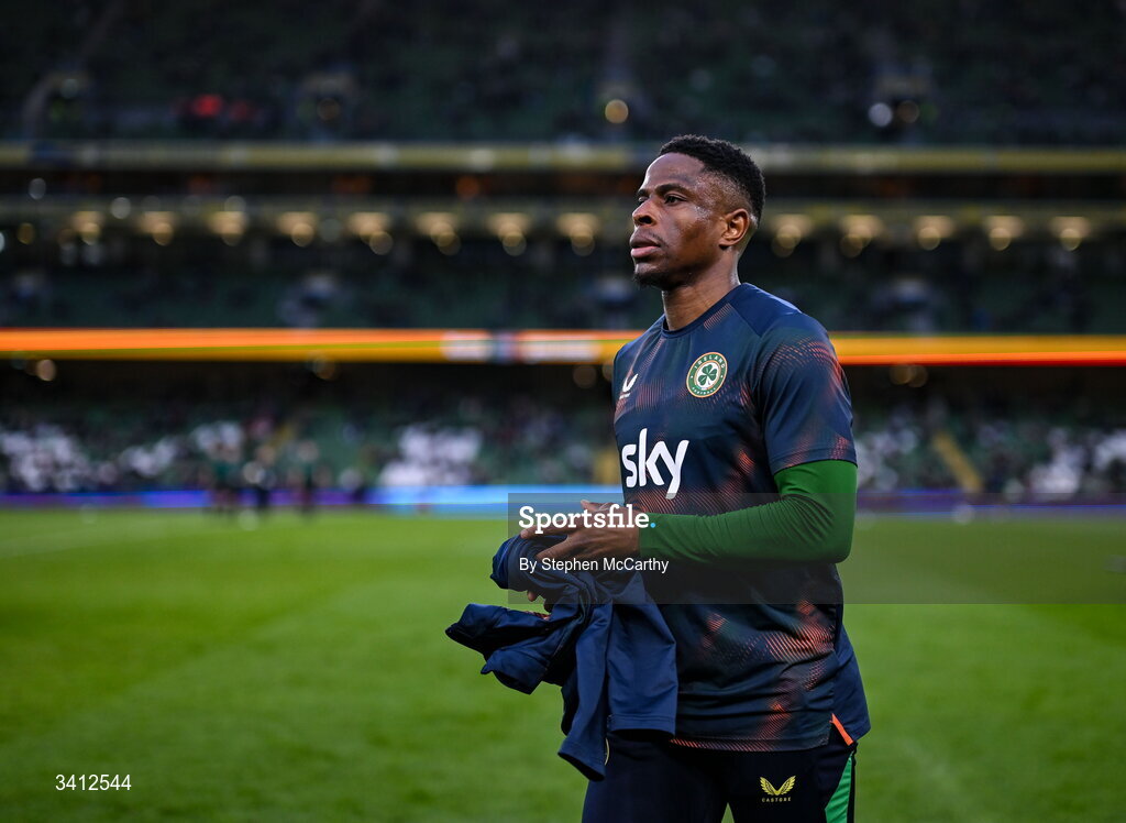 31 March 2026; Chiedozie Ogbene of Republic of Ireland before the international friendly match between Republic of Ireland and North Macedonia at Aviva Stadium in Dublin. Photo by Stephen McCarthy/Sportsfile