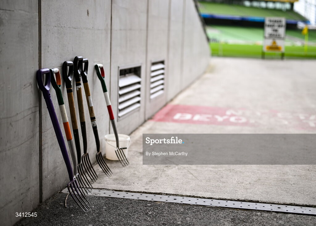 31 March 2026; Grounds staff forks before the international friendly match between Republic of Ireland and North Macedonia at Aviva Stadium in Dublin. Photo by Stephen McCarthy/Sportsfile