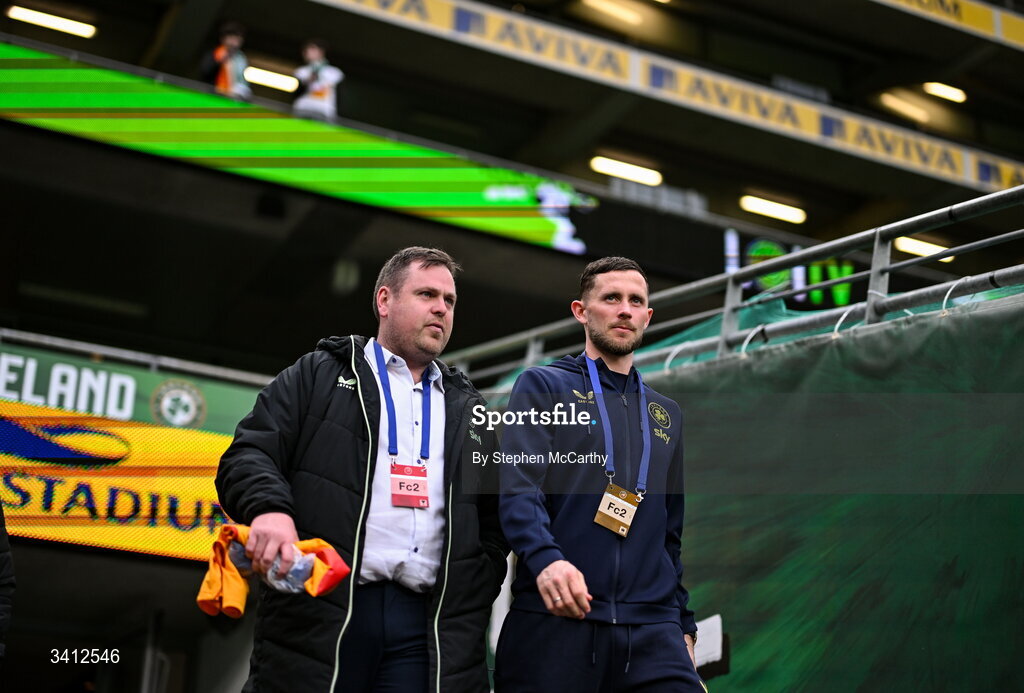 31 March 2026; Alan Browne of Republic of Ireland and Barry Cotter, left, before the international friendly match between Republic of Ireland and North Macedonia at Aviva Stadium in Dublin. Photo by Stephen McCarthy/Sportsfile