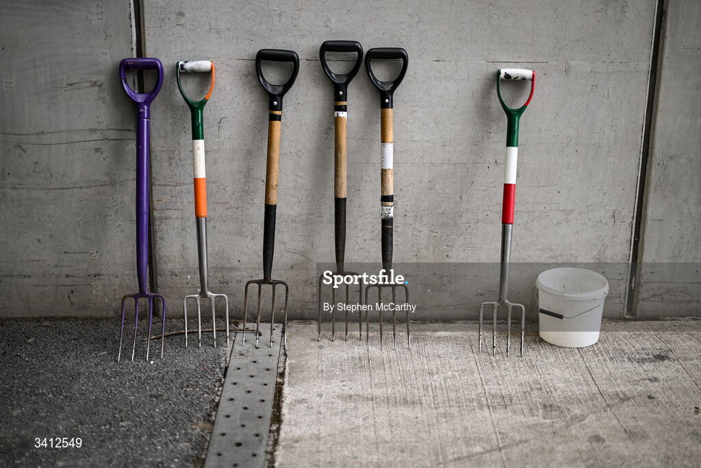 31 March 2026; Grounds staff forks before the international friendly match between Republic of Ireland and North Macedonia at Aviva Stadium in Dublin. Photo by Stephen McCarthy/Sportsfile