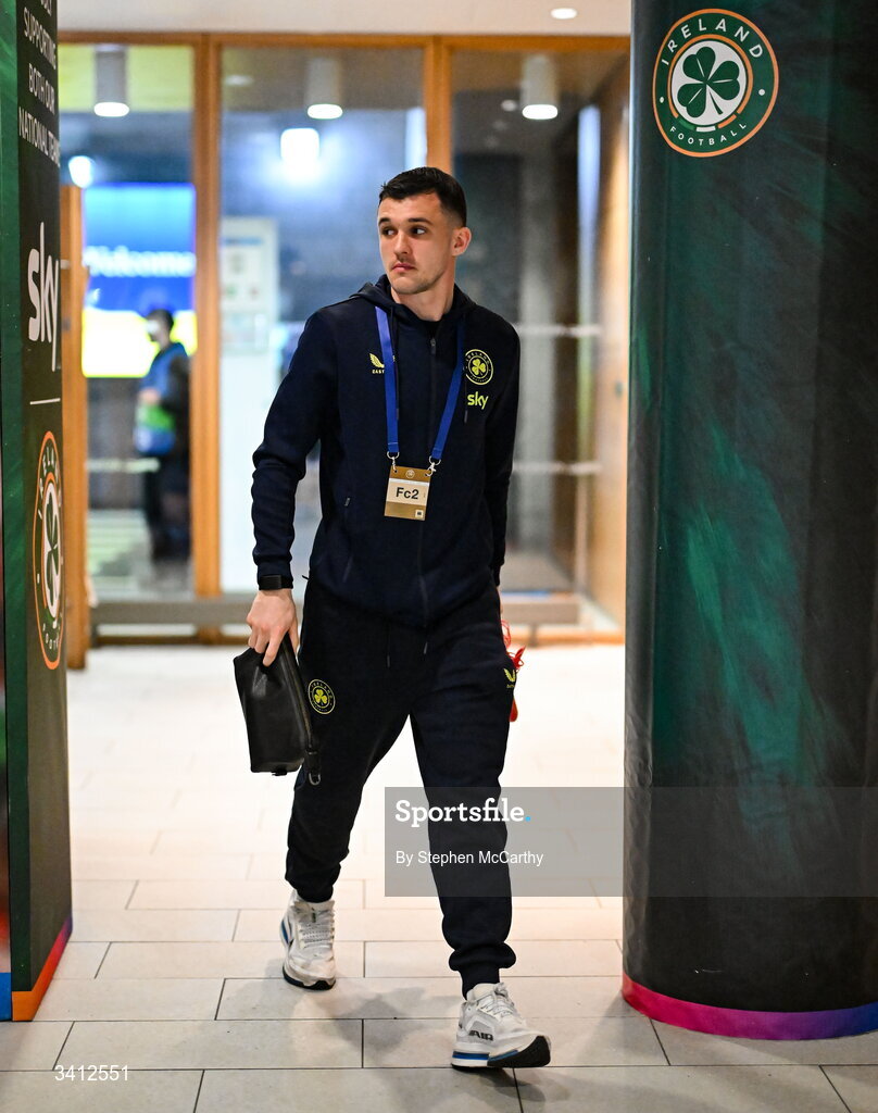 31 March 2026; Jason Knight of Republic of Ireland arrives for the international friendly match between Republic of Ireland and North Macedonia at Aviva Stadium in Dublin. Photo by Stephen McCarthy/Sportsfile