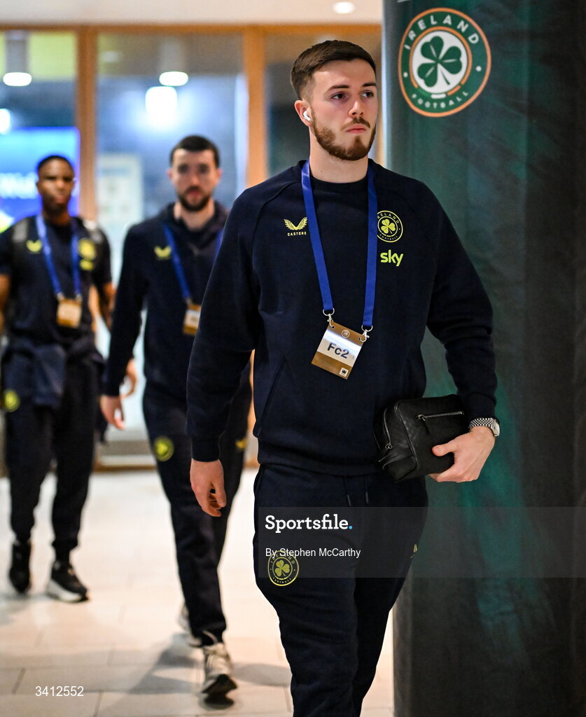 31 March 2026; Republic of Ireland goalkeeper Josh Keeley arrives for the international friendly match between Republic of Ireland and North Macedonia at Aviva Stadium in Dublin. Photo by Stephen McCarthy/Sportsfile