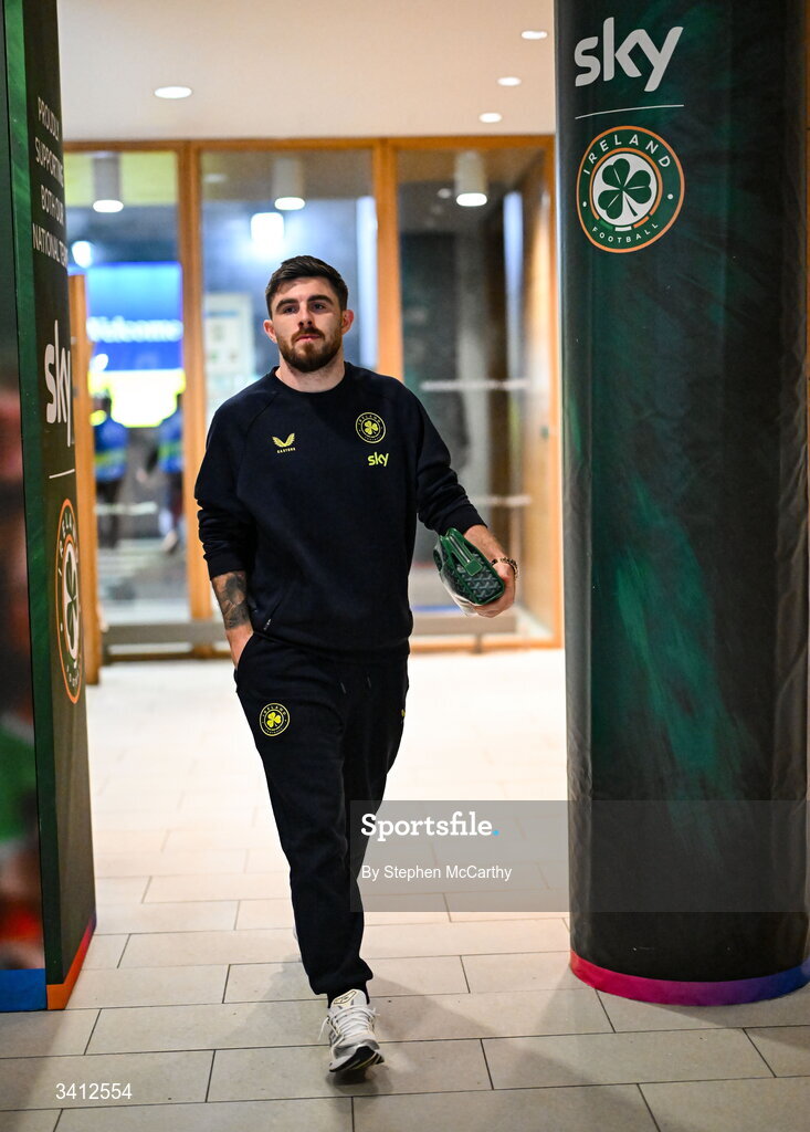31 March 2026; Ryan Manning of Republic of Ireland arrives for the international friendly match between Republic of Ireland and North Macedonia at Aviva Stadium in Dublin. Photo by Stephen McCarthy/Sportsfile