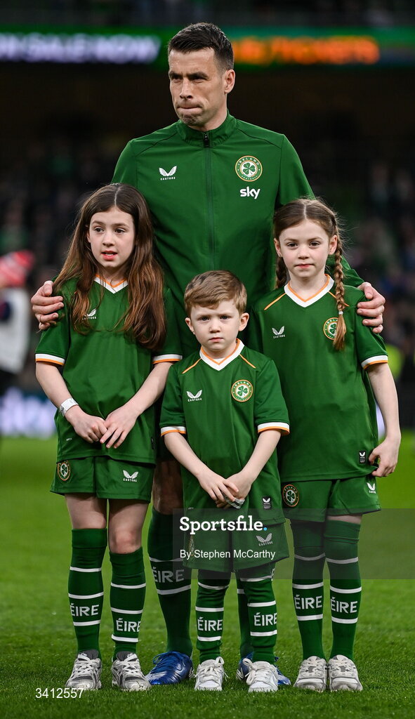 31 March 2026; Seamus Coleman of Republic of Ireland with his children, from left, Lily, Blake and Ellie, before the international friendly match between Republic of Ireland and North Macedonia at Aviva Stadium in Dublin.  Photo by Stephen McCarthy/Sportsfile