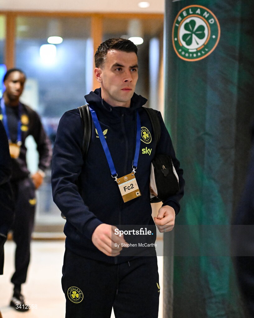 31 March 2026; Seamus Coleman of Republic of Ireland arrives for the international friendly match between Republic of Ireland and North Macedonia at Aviva Stadium in Dublin. Photo by Stephen McCarthy/Sportsfile