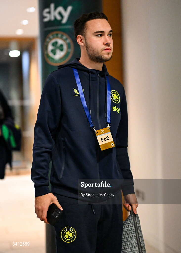 31 March 2026; Harvey Vale of Republic of Ireland arrives for the international friendly match between Republic of Ireland and North Macedonia at Aviva Stadium in Dublin. Photo by Stephen McCarthy/Sportsfile