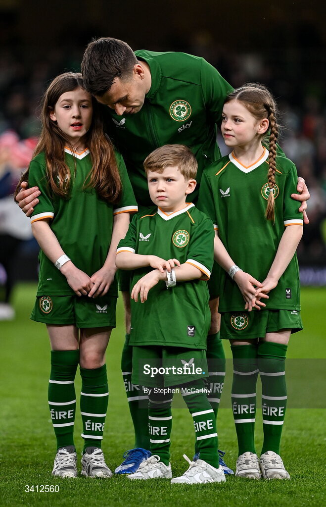 31 March 2026; Seamus Coleman of Republic of Ireland with his children, from left, Lily, Blake and Ellie, before the international friendly match between Republic of Ireland and North Macedonia at Aviva Stadium in Dublin.  Photo by Stephen McCarthy/Sportsfile