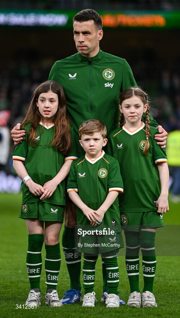 31 March 2026; Seamus Coleman of Republic of Ireland with his children, from left, Lily, Blake and Ellie, before the international friendly match between Republic of Ireland and North Macedonia at Aviva Stadium in Dublin.  Photo by Stephen McCarthy/Sportsfile