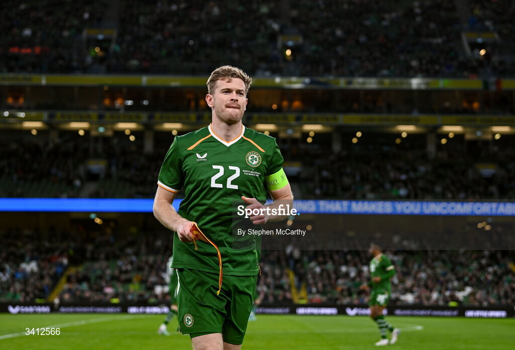 31 March 2026; Republic of Ireland captain Nathan Collins before the international friendly match between Republic of Ireland and North Macedonia at Aviva Stadium in Dublin. Photo by Stephen McCarthy/Sportsfile