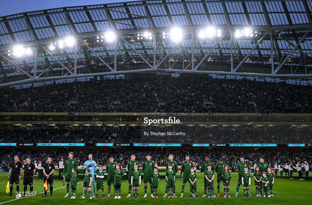 31 March 2026; Republic of Ireland players before the international friendly match between Republic of Ireland and North Macedonia at Aviva Stadium in Dublin. Photo by Stephen McCarthy/Sportsfile