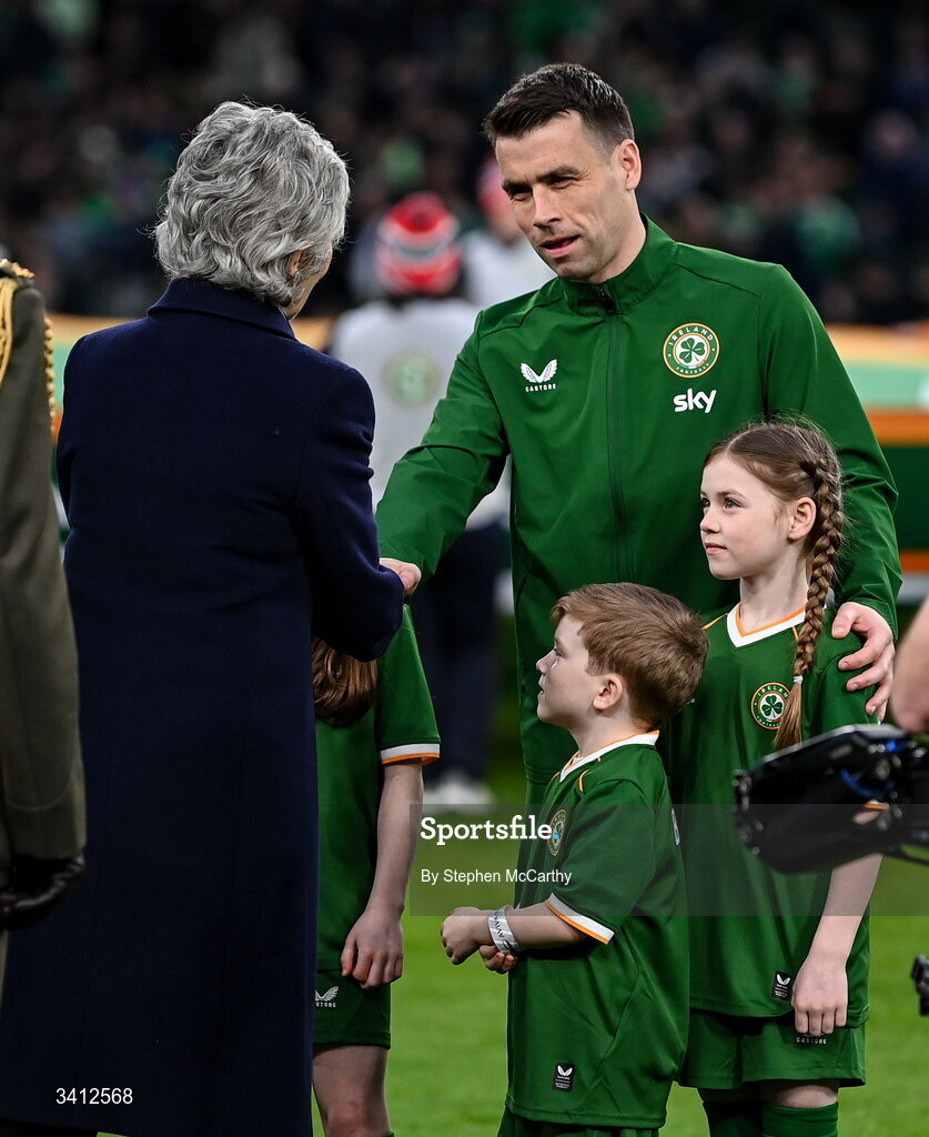 31 March 2026; Seamus Coleman of Republic of Ireland and President of Ireland Catherine Connolly before the international friendly match between Republic of Ireland and North Macedonia at Aviva Stadium in Dublin. Photo by Stephen McCarthy/Sportsfile