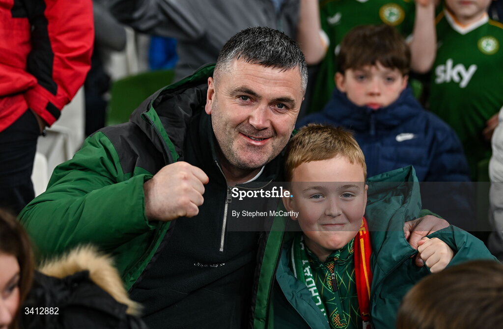 31 March 2026; Republic of Ireland supporters Niall Kennedy and his son MJ during the international friendly match between Republic of Ireland and North Macedonia at Aviva Stadium in Dublin. Photo by Stephen McCarthy/Sportsfile