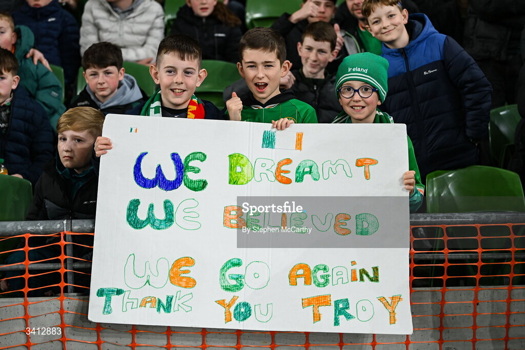 31 March 2026; Republic of Ireland supporters during the international friendly match between Republic of Ireland and North Macedonia at Aviva Stadium in Dublin. Photo by Stephen McCarthy/Sportsfile
