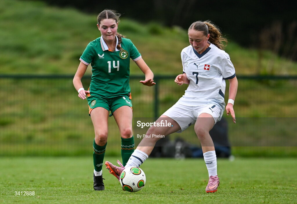 31 March 2026; Ava Hallinan of Republic of Ireland in action against Lena Marie Winter of Switzerland during the Girls U16 international friendly match between Repubic of Ireland and Switzerland at the FAI National Training Centre in Abbotstown, Dublin. Photo by Paul Phelan/Sportsfile