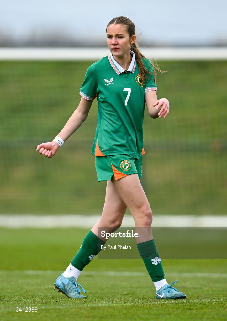 31 March 2026; Hailey Twomey of Republic of Ireland during the Girls U16 international friendly match between Repubic of Ireland and Switzerland at the FAI National Training Centre in Abbotstown, Dublin. Photo by Paul Phelan/Sportsfile