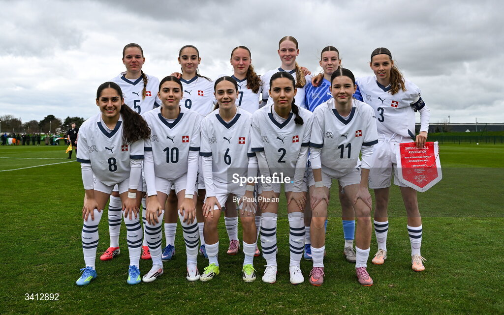 31 March 2026; The Switzerland team before the Girls U16 international friendly match between Repubic of Ireland and Switzerland at the FAI National Training Centre in Abbotstown, Dublin. Photo by Paul Phelan/Sportsfile