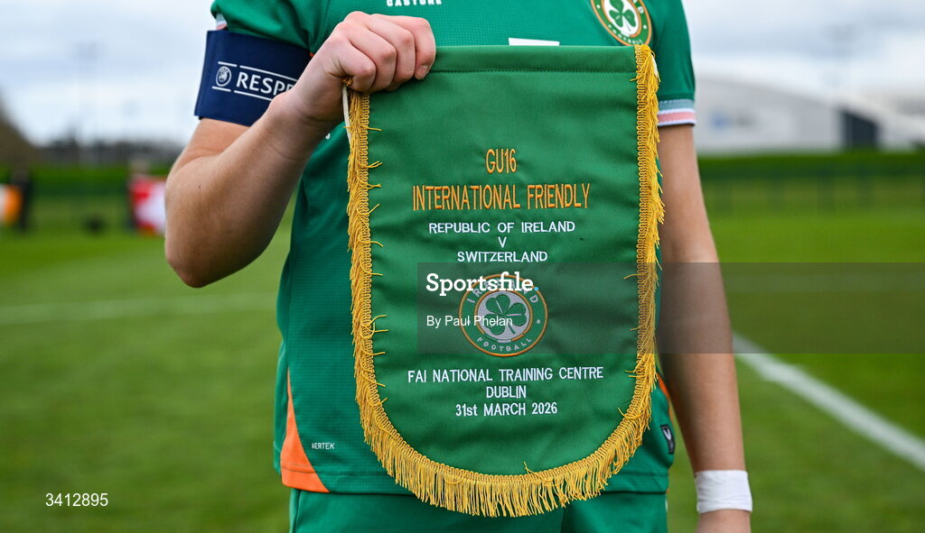 31 March 2026; The match pennant before the Girls U16 international friendly match between Repubic of Ireland and Switzerland at the FAI National Training Centre in Abbotstown, Dublin. Photo by Paul Phelan/Sportsfile