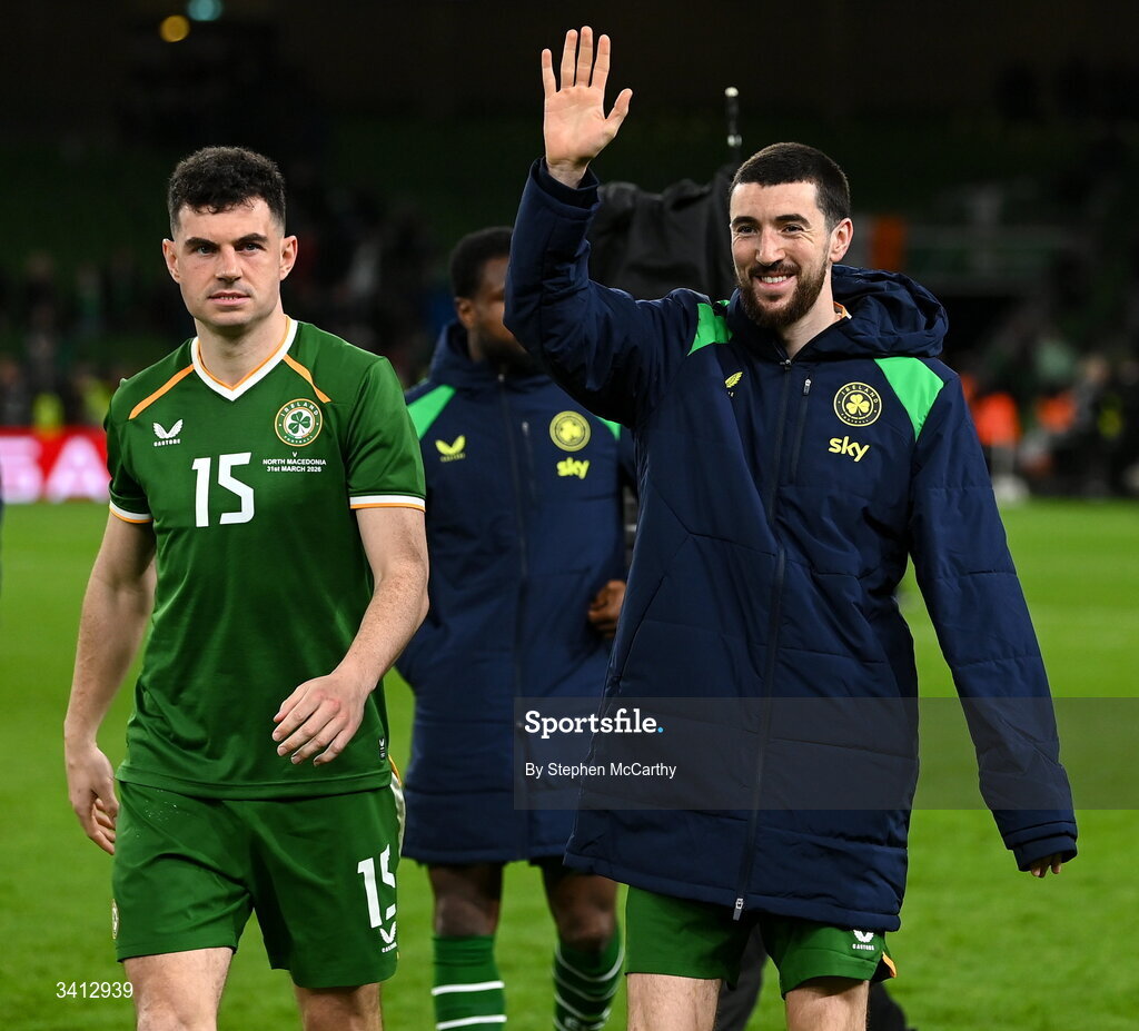 31 March 2026; Finn Azaz, right, and John Egan of Republic of Ireland after the international friendly match between Republic of Ireland and North Macedonia at Aviva Stadium in Dublin. Photo by Stephen McCarthy/Sportsfile